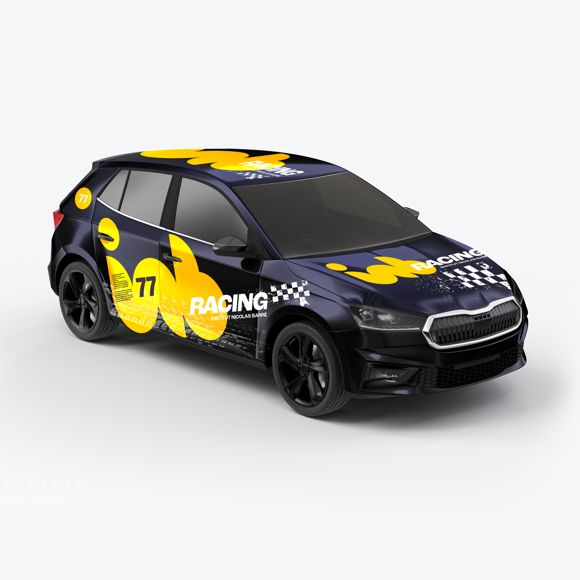 Institut Nicolas Barré Armentières voiture de course de trois quart INB Racing fond bleu Création Little Big Idea